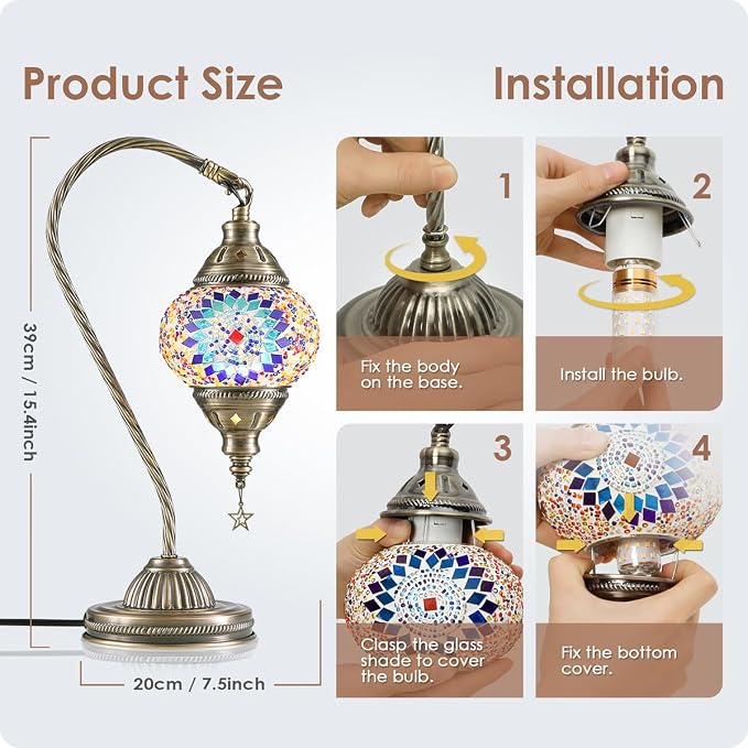 Yarra-Decor Turkish Moroccan Lamp with Bronze Base 3 Color Options Handmade Swan Neck Tiffany Mosaic Glass Bedside Lamps for Bedroom (LED Bulb Included)(1)