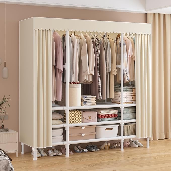 Portable Closet,Garment Rack,Heavy Duty Clothes Rack with Cover,Wardrobe Closet with 3 Hanging Rods, 9 Storage Shelves,55.1" L x 17.7" W x 67.7" H,Pale Yellow