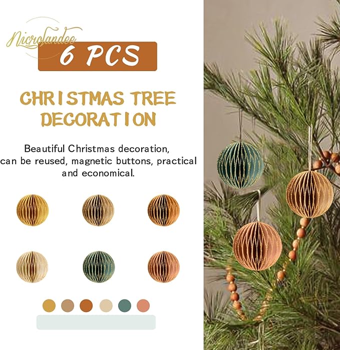NICROLANDEE Christmas Hanging Decorations, 6 PCS Nature Round Glitter Edge Paper Honeycomb Ornaments, Green Brown Mini Paper Lanterns Ornament for Christmas Tree Décor, New Years Party Home Decor