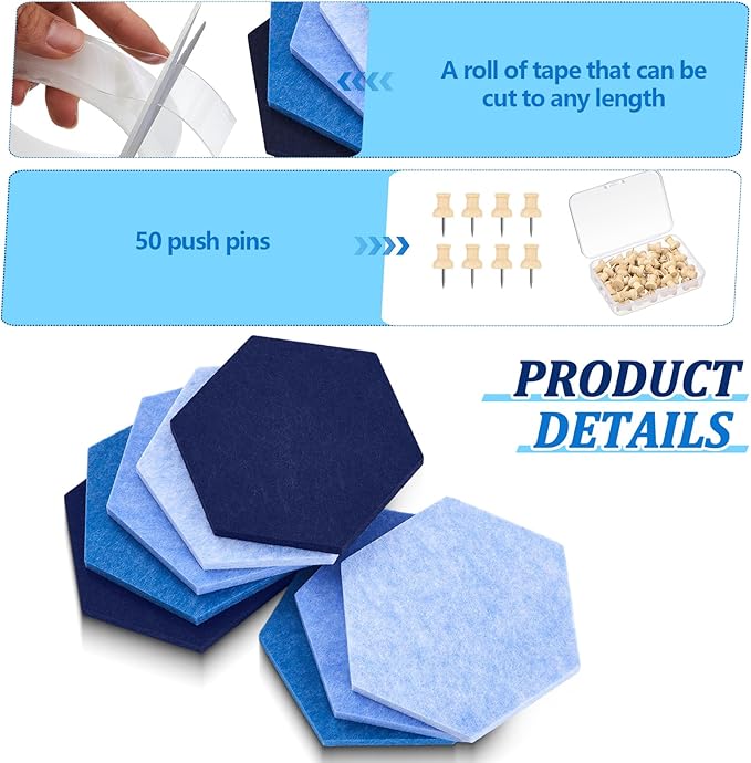 Mindsoft 16 Pcs Hexagon Cork Board for Walls with 50 Wooden Push Pins 6.7 x 5.9 in Felt DIY Tiles Notice with Nano Tape Hanging Bulletin Board for Home Photo Office Memo Note(Ocean)