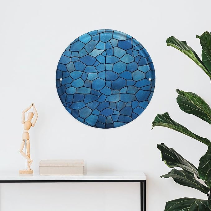 Wall Picture, with Blue Tile Pattern Printed Circular Iron Hanging Picture,Wall Art Decor,Home for Bedroom Living Room Bathroom Decor,Iron Painting 11.8X11.8 in