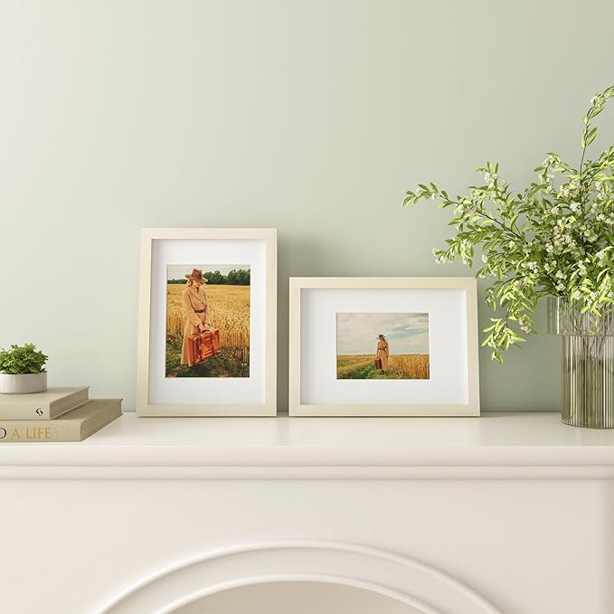 Egofine A4 Picture Frames Set of 4, Made of Solid Wood Covered by Plexiglass 5x7 and 6x8 with Mat or A4 without Mat, for Table Top Display and Wall Mounting Photo Frame Beige