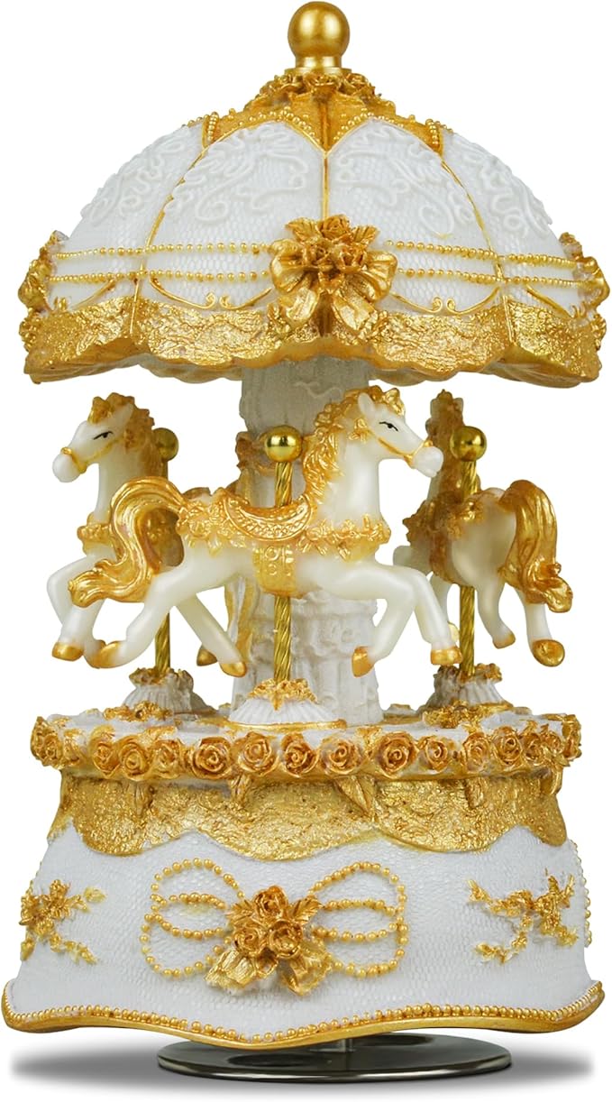 Carousel Music Box，Luxury Color Change LED Light Music Box,Luminous Rotating 3-Horse Musical Box with Gift Box for Girls Birthday Valentine Gift (You are My Sunshine, Gold)