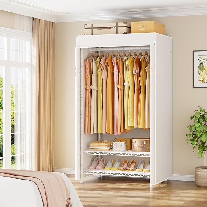 H5C Clothes Rack with Cover, Portable Closet for Hanging Clothes, Covered Clothing Racks Heavy Duty, Freestanding Garment Racks with Shelves Max Load 360LBS White Closet Rack with White Cover