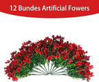 Artificial Faux Plants Flowers Outdoor Spring Summer Decoration, 12 Bundles Fake Silk Colorful Daisy Eucalyptus Realistic UV Resistant for Outside Home Planter Porch Patio Yard Decor (Red Brown)