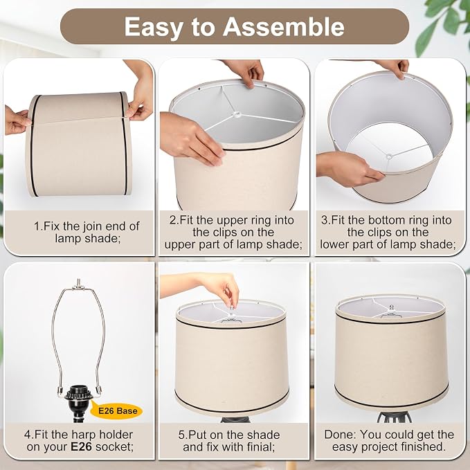 Drum Lampshades Set of 2, Medium Fabric Lamp shades for Table Lamps, Floor Lamps, Beige Linen Lamp shades 11.6" Top x 12.6" Bottom x 9.8" High Spider Fitter, Replacement Lampshades, Assembly Required