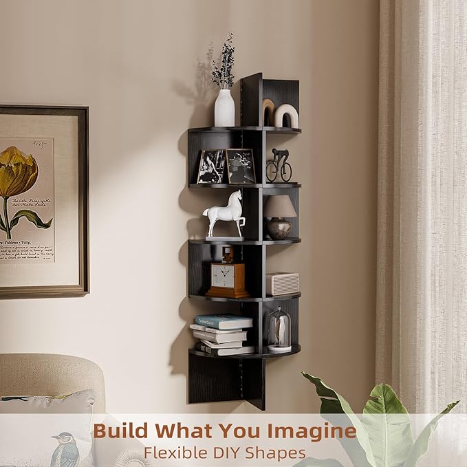 HAAYOT Corner Shelf Wall Mounted: 5-Tier Floating Shelves with Lights for Living Room, Bedroom, Home Office, Black