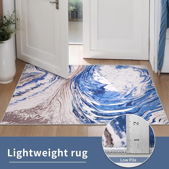 Ciicool 2x6 Washable Runner Rug, Modern Abstract Swirl Soft Hallway Rugs Runner, Non-Slip Thin Accent Rug Lightweight Blue Brown Print Distressed Carpet for Laundry Entryway Bedroom Kitchen Indoor
