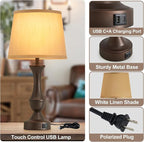 Luvkczc 22" Table Lamp Set of 2 - Farmhouse Vintage Brown Bedside Lamp with Brown Fabric Shade, Dimmable, USB C+A Ports, Nightstand Lamp for Living Room Bedroom (Bulb Included)
