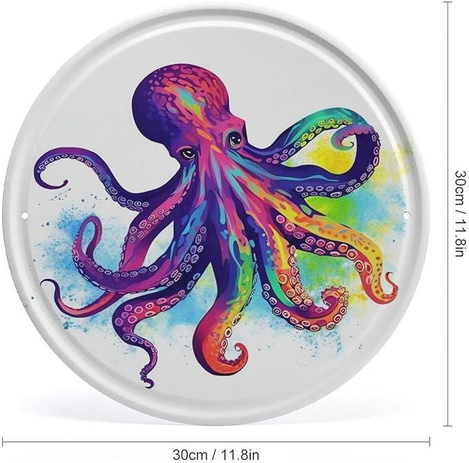 Wall Picture, with Colorful Octopus Printed Circular Iron Hanging Picture,Wall Art Decor,Home for Bedroom Living Room Bathroom Decor,Iron Painting 11.8X11.8 in