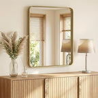 Sweetcrispy Bathroom Wall Mirror, 36x30 Inch Wall Mount Mirror for Over Sink, Modern Rounded Rectangle Vanity Mirrors with Matte Metal Framed, for Home Decor, Living Room, Bedroom, Gold