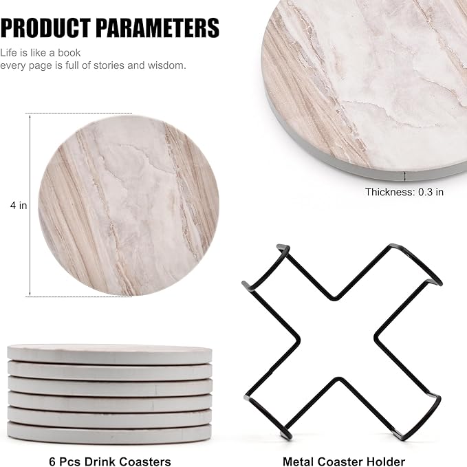 Hoewina 6Pcs Drink Coasters with Holder, Marble Style Ceramic Drink Coaster, Absorbent Coasters Set Suitable for Kinds of Cups, Modern Style Coasters for Coffee Table, 4 Inches（Cloud Style）