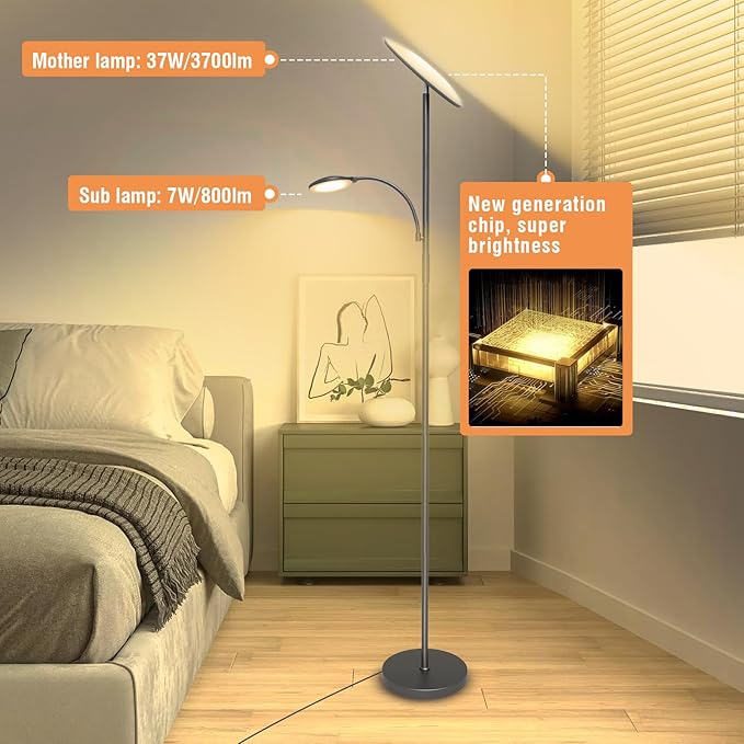 marctronic Gray Floor Lamps for Living Room, 44W/4500LM Super Bright 2 in 1 LED Floor Lamp with Remote, Stepless Dimmable, 69" Tall Standing Floor Lamp with Bendable Reading Light for Bedroom Office