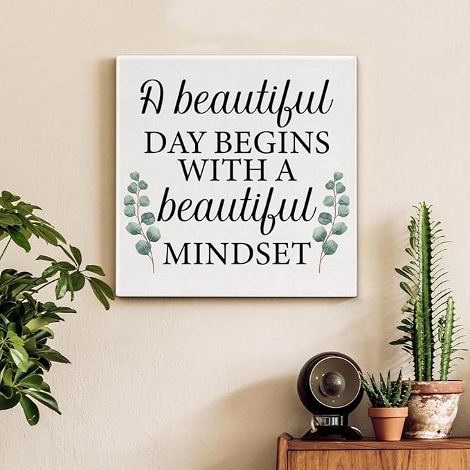 Motivational Eucalyptus Wall Art Decor, Inspirational Green Botanical Pictures Positive Quotes Canvas Painting Posters for Office Living Room Bedroom Decoration (8 X 8 Inches, Framed)