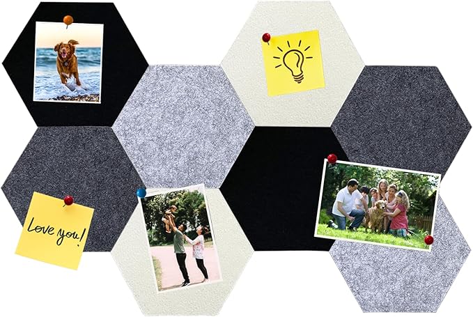 8Pcs Hexagon Felt Cork Board Tiles, Self Adhesive DIY Bulletin Board Pin Board for Office School Home Wall Decor Stickers Memos Photos Display (Gradual Grey)