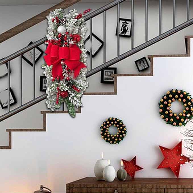 SM SunniMix Christmas Swag Teardrop Swag Artificial Wreath Door Swag Decorative Bow Ornament Lightweight PP Material Suitable for Gift Giving Home Decoration, Flocking Red