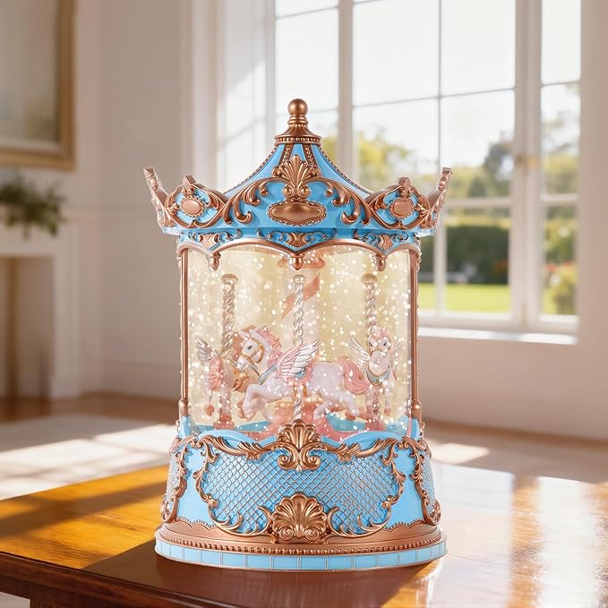 Gifts for Mom Blue Carousel Horse Snow Globe Music Box with Rotating Horses Musical Unicorn Snow Globe with Glitter for Girls, Women, Mom, Birthday Gifts Home Decorations (Blue Gold Carousel)