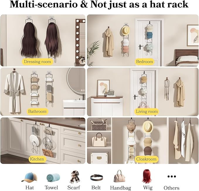 10Pack Over The Door Hat Organizer for baseball caps | Multi-Functional Baseball Hat Rack for Closet | Wall Mounted Hat s torage organizer | 5 types of accessories cap holder stand w hooks ,Black