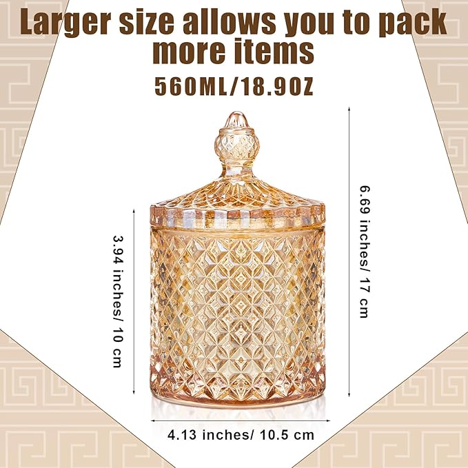 Aoriher 4 Pcs Crystal Glass Candy Jar Set with Lids Home Decorative Storage Jars for Apothecary, Bathroom, Kitchen, and Pantry, Ideal for Cotton Swabs and Jewelry(Large,Amber)