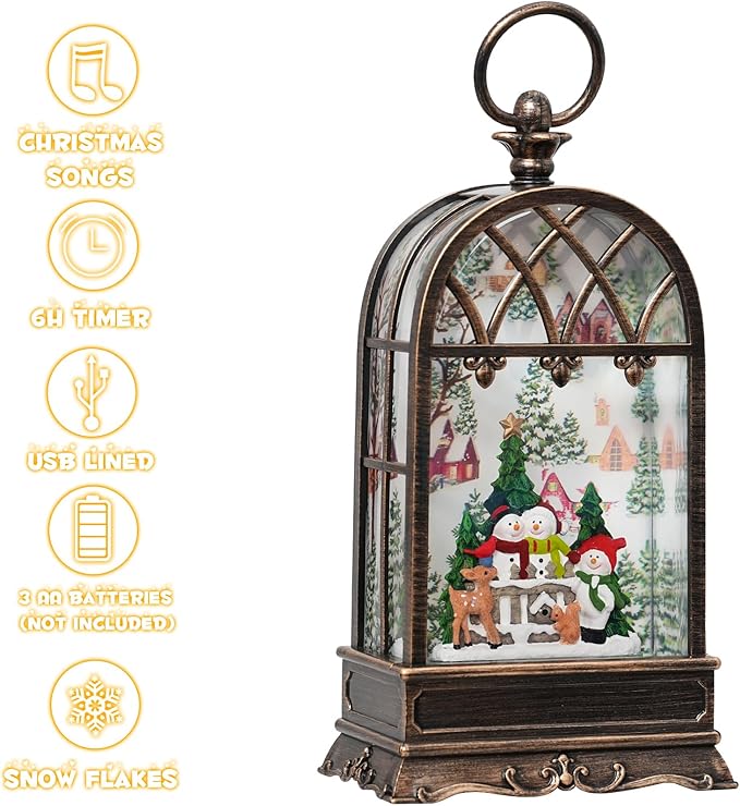 Snow Globe Christmas with Snowman Elk, Lighted Christmas Snow Globes with Timer, Swirling Musical Glittering Snow Globes Lantern for Christmas Decoration(Snowman Elk Squirrel)