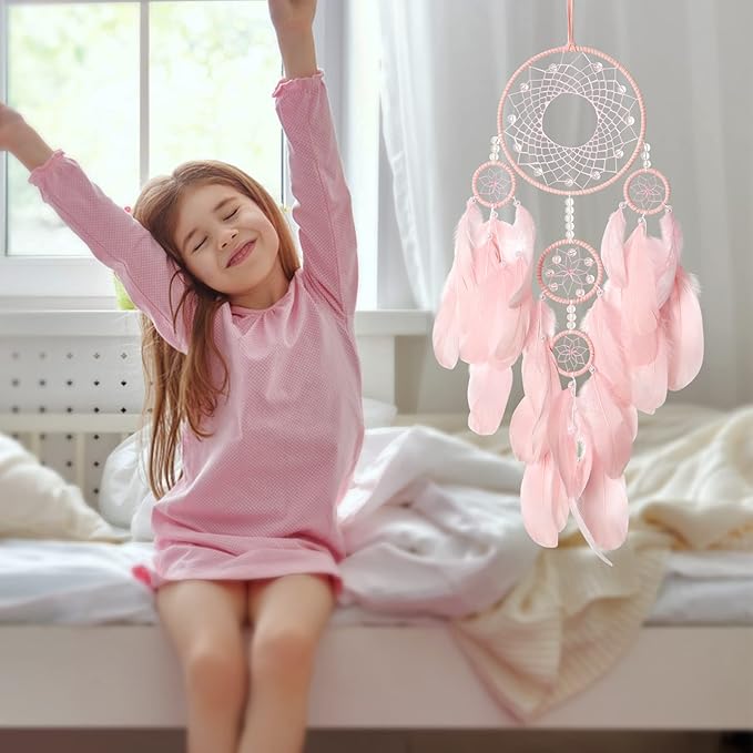 Pink Dream Catcher Wall Decor Handmade Feathers Dreamcatcher Wall Hanging Ornament Room Decor Craft Blessing Gift for Kids Boys Girls (Pink, No Light)