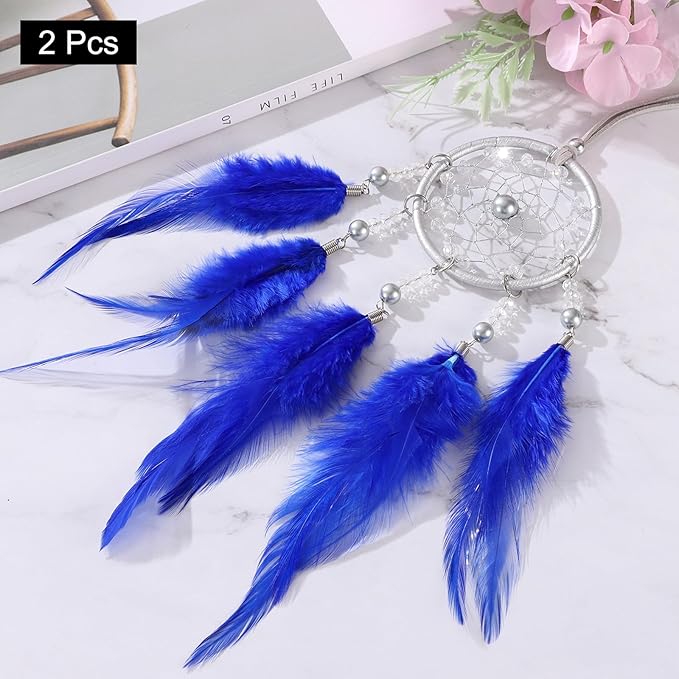 uxcell 2pcs Dream Catchers, Small Handmade Feather Dreamcatcher Supplies Car Charm with Crystal Beads Wall Hanging Decor for Home Car Decoration Ornament Women Friend Gift, Dark Blue