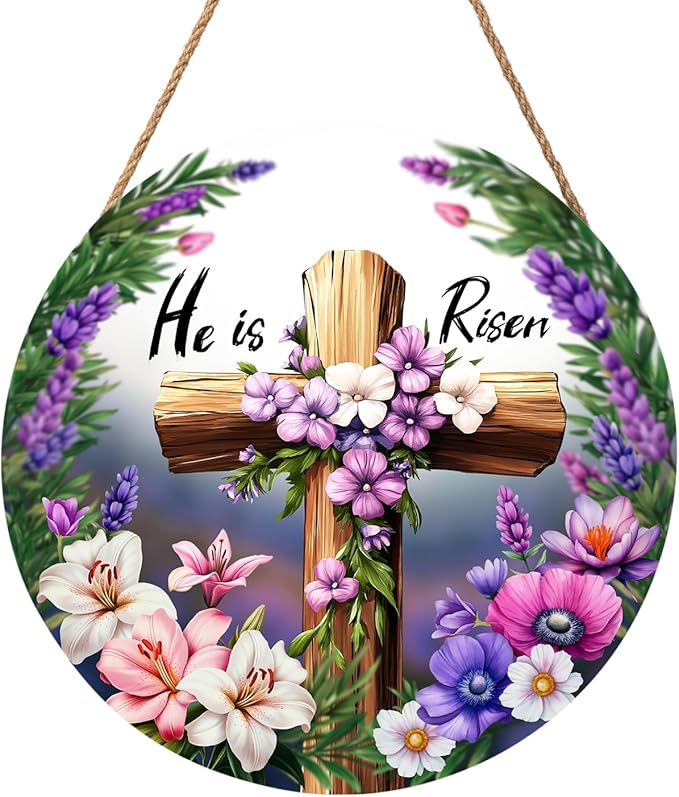 Harooni Easter Cross Sign, 12inch Bright/Vibrant Wooden Wall Mount Rustic Sign with 'He is Risen', Includes Twine, 12x12 inches