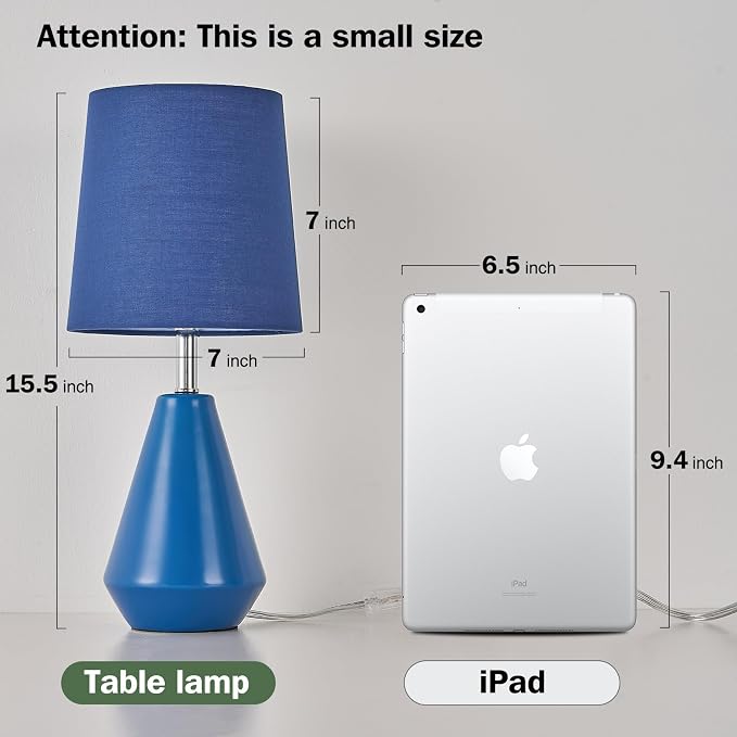 Small Bedside Table Lamp for Bedroom - Reading Desk Lamp with 3 Color Temperatures，15.5" Nightstand Ceramic Lamp with Fabric Shade for Kids Room,Living Room,Dorm,Home Office (Blue)