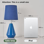 Small Bedside Table Lamp for Bedroom - Reading Desk Lamp with 3 Color Temperatures，15.5" Nightstand Ceramic Lamp with Fabric Shade for Kids Room,Living Room,Dorm,Home Office (Blue)