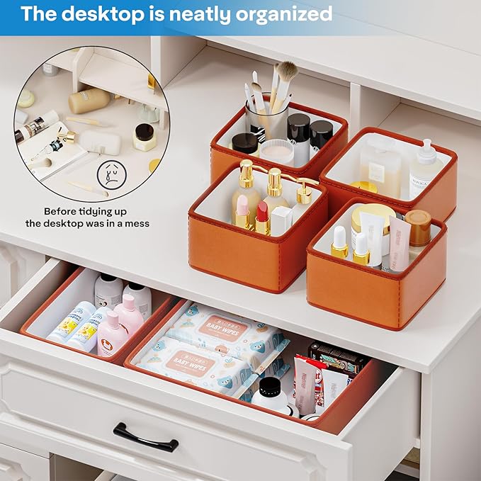 Vegan Leather Drawer Organizers,16 Pack Makeup Storage boxes,Vanity Drawer Luxury upgrade,Bedroom fabric Drawers replacement,bathroom organization and storage Optimal solution