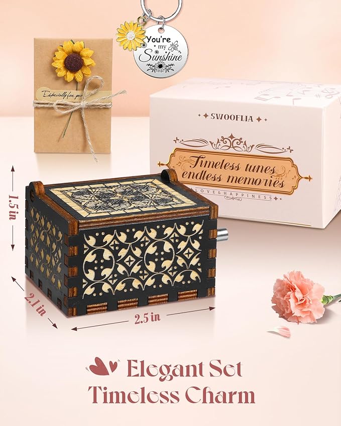 Swooflia You are My Sunshine Wooden Music Box for Mom with Sunflower Greeting Card - Hand Crank Engraved Musical Box Vintage Mechanism Personalized Gifts for Women On Birthday