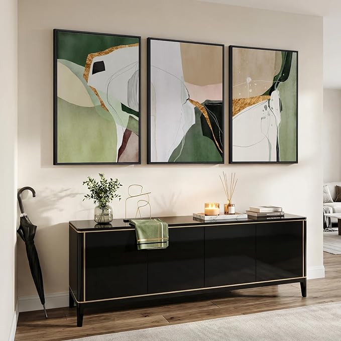 Large Framed Green and Beige Abstract Wall Art for Living Room, 3 Piece Modern Canvas Prints Paintings, Abstract Color Block Pictures for Living Room Dining Bedroom Hallway Office Wall Decor 24x36 In