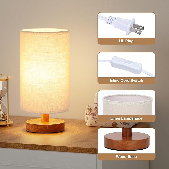 Fenmzee Small Table Lamp for Bedroom - Inline Control, Bedside Lamp with 3000K A15 LED Blub, Easy Assembly (Beige Shade - Walnut Base, 9" Inline Control)
