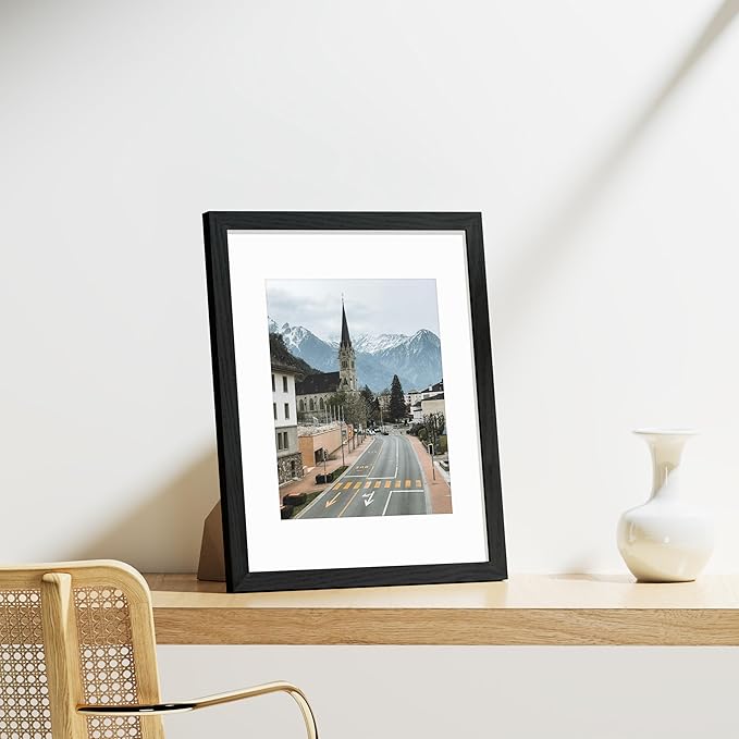 Vittanly 11x14 Picture Frames Set of 9, Display 8x10 Pictures with Mat or 11x14 without Mat, Photo Frames for Wall or Tabletop with Plexiglass, Engineered Wood, Black&Brown&Grey