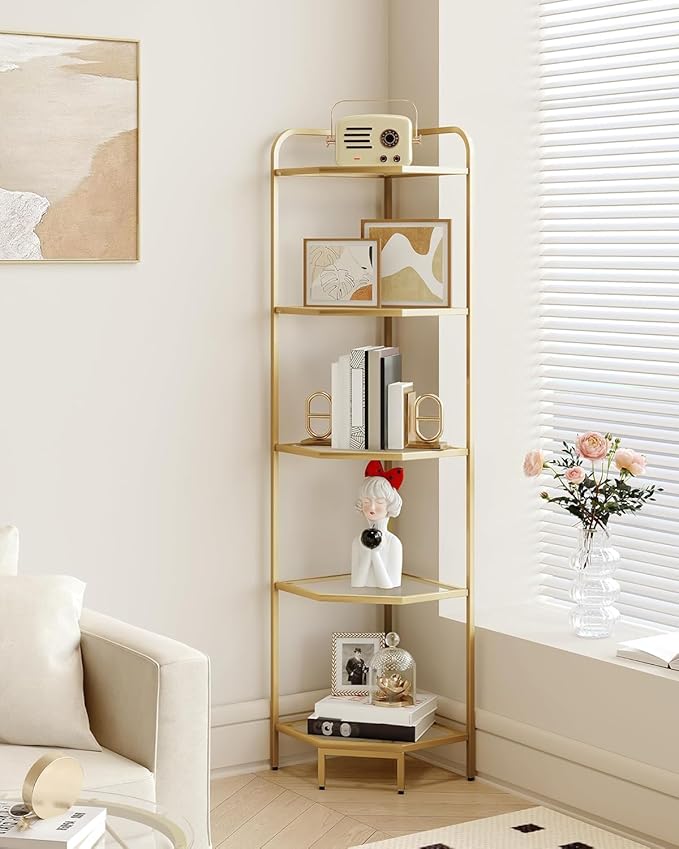 Hzuaneri Corner Shelf Stand, 5-Tier Glass Bookshelf Bookcase, Bathroom Organizer, Plant Stand, Steel Frame, Tempered Glass, Modern Style for Living Room, Bathroom, Kitchen, Golden CS90200G
