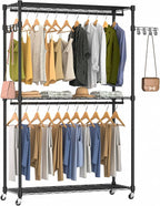 Heavy Duty Rolling Garment Rack, 3 Tiers Wire Shelves Adjustable Freestanding Portable Rolling Clothing Rack with Lockable Wheels, 47.2''L x 15.8''W x 78.8''H, Max Load 650LBS