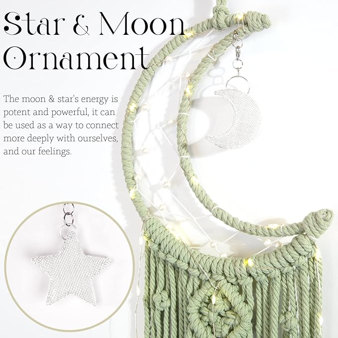 ANROYE Boho Macrame Woven Wall Hanging, Crochet Crescent Moon Star Dream Catcher with Long Tassel- Green Cotton Handmade Bohemian Home Decor Nursery Decoration Art for Kids Bedroom Dorm Room