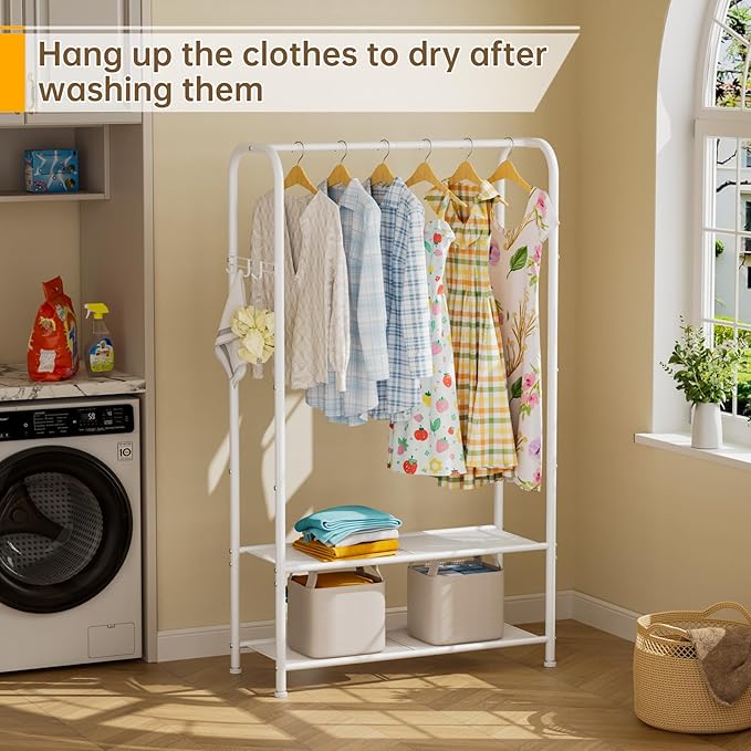 Clothes Garment Coat Rack Drying Clothing Racks Metal Freestanding for Hanging Clothes Portable Closet for Laundry Bedroom White