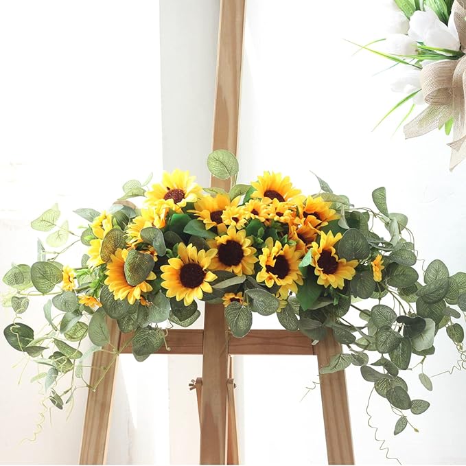 Artificial Sunflower Swag, 30Inch Decorative Flower Swag with Green Leaves Hanging Ornament Floral Swag Door Swag for Door Wedding Party Decoration