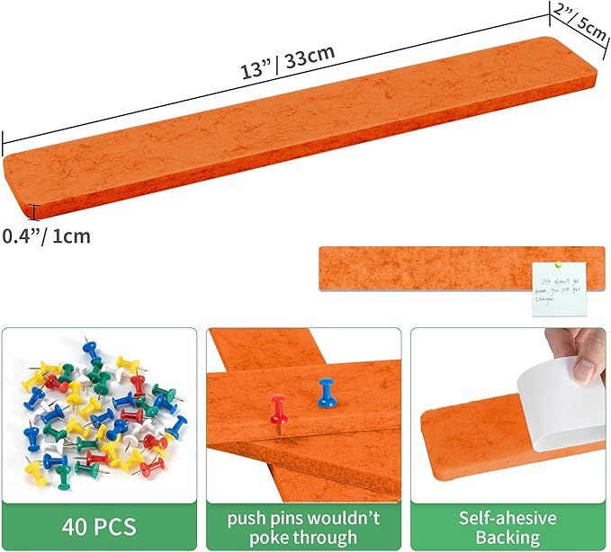 Cork Board for Walls - 8 Pack Felt Pin Board Bar Strips - Self-Adhesive Lightweight Bulletin Board - Cork Board for Office with 40 Push Pins No Damage for Wall (Orange Red)