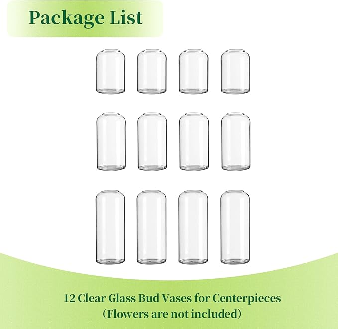 Glass Bud Vases for Flowers - Hewory Blown Modern Small Glass Vases for Centerpieces Set of 12, Mini Clear Bulk Flower Vases for Wedding Party Events Home Decor Floral Arrangement (Not Include Flower)