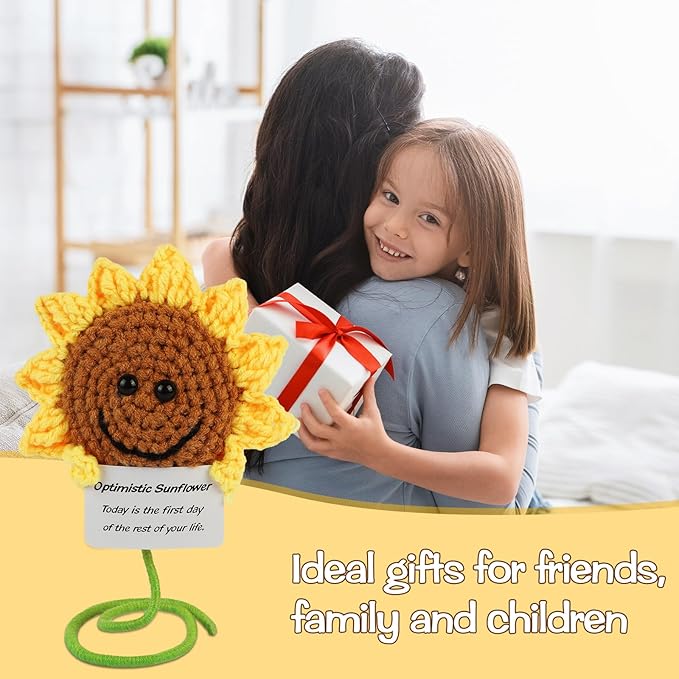 DAFURIET Mini Funny Sunflower, 3 inch Knitted Wool Doll with Optimstic Card for Cheer Up Gifts and Party Decorations, Cute Wool Sunflower Crochet Doll for Birthday Gifts