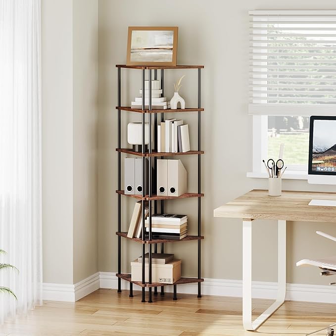HOOBRO Corner Shelf Stand, Industrial 6-Tier Wall Corner Bookshelf with Metal Frame, Plant Display Shelf, Bookcase for Small Spaces, Bedroom, Living Room, Rustic Brown BF36CJ01