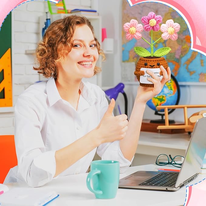 Wavwavw 3 Pack Teacher Appreciation Gift Positive Flower Handmade Crochet Doll Thank You for Helping Me Grow Gifts Back to School Gifts for Women Teacher(Puff Flower)
