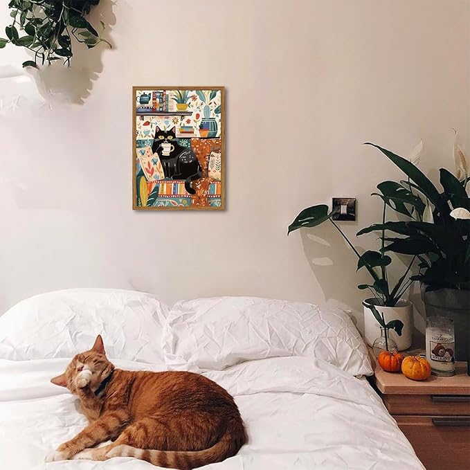 Framed Funny Black Cat Canvas Wall Art, Cute Cat Drinking Coffee on Sofa Pictures Wall Decor, Eclectic Animal Paintings Prints Boho Home Decor for Living Room Cafe Kitchen Bar 16x24 inch