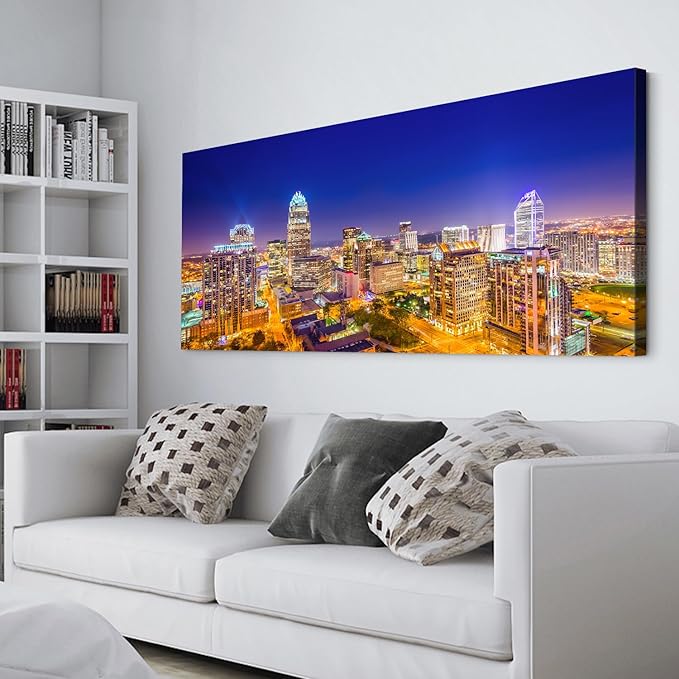 Charlotte City Skyline Wall Art Blue Night Cityscape Wall Decor North Carolina City Panoramic Landscape Canvas Prints Pictures Modern Skyscraper Artwork for Living Room Office Home Decoration 24x48"