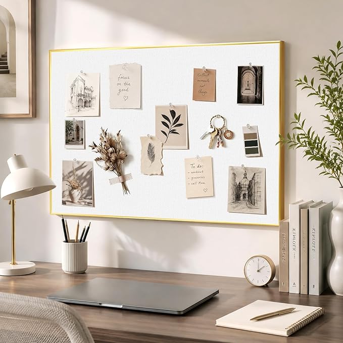 Linen Bulletin Board 36" x 24", White Fabric Pin Board with Gold Aluminum Frame, Decorative Vision Board for Home Office, Bedroom & Dorm Wall Decor, Includes 10 Push Pins