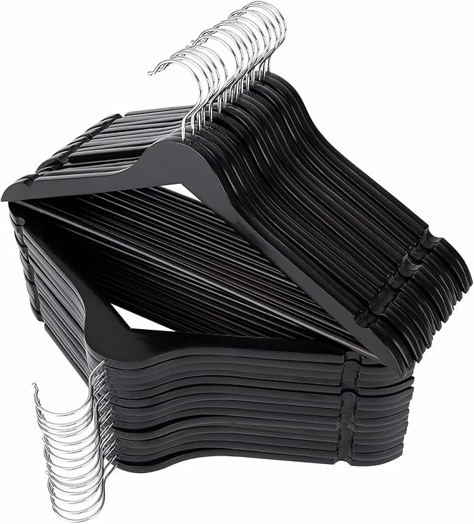 ELONG HOME Solid Wooden Hangers 30 Pack, Wood Suit Hangers with Extra Smooth Finish, Precisely Cut Notches & Chrome Swivel Hook, Wooden Clothes Hangers for Shirt Coat Jacket Dress, Black