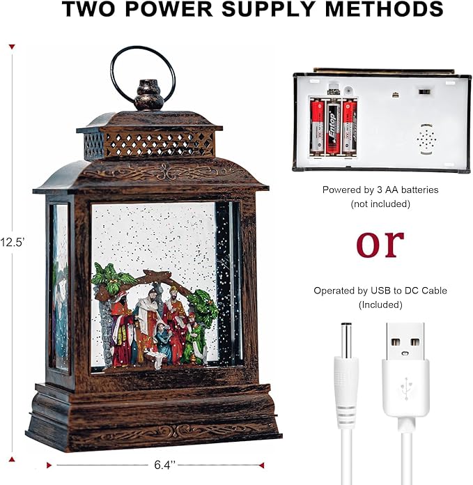 Christmas Snow Globe Lantern Water Nativity Scene & Manger Scene with Music & Timer, USB Lined/Battery Operated Lighted Lantern for Christmas Festival Decoration Gifts