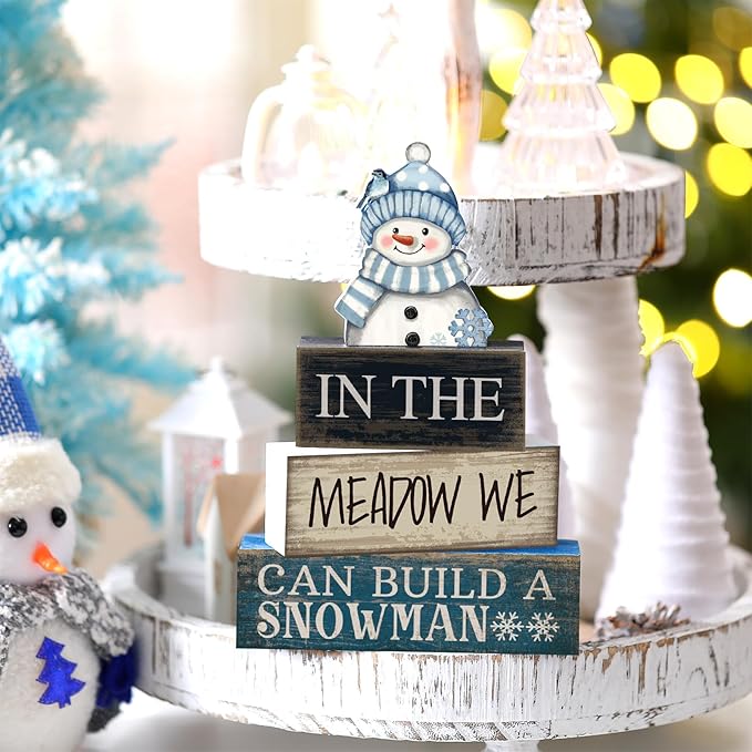Yuntau 4 Pcs Winter Table Decoration Blue Snowman Decor Winter Tiered Tray Decor Christmas Centerpiece Decorative Wooden Snowman Block Sign Decoration for Home Kitchen